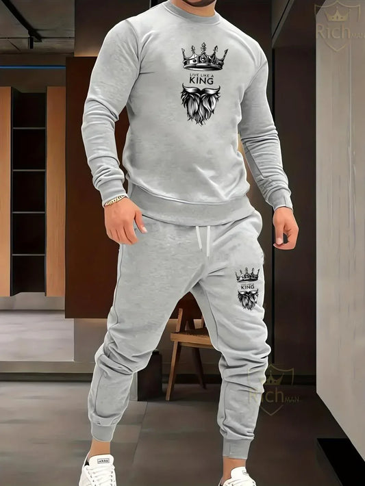 Men's Fleece Graphic Sweatshirt Track Suit – 2 Pcs Grey Winter Activewear - JSJunoon.com
