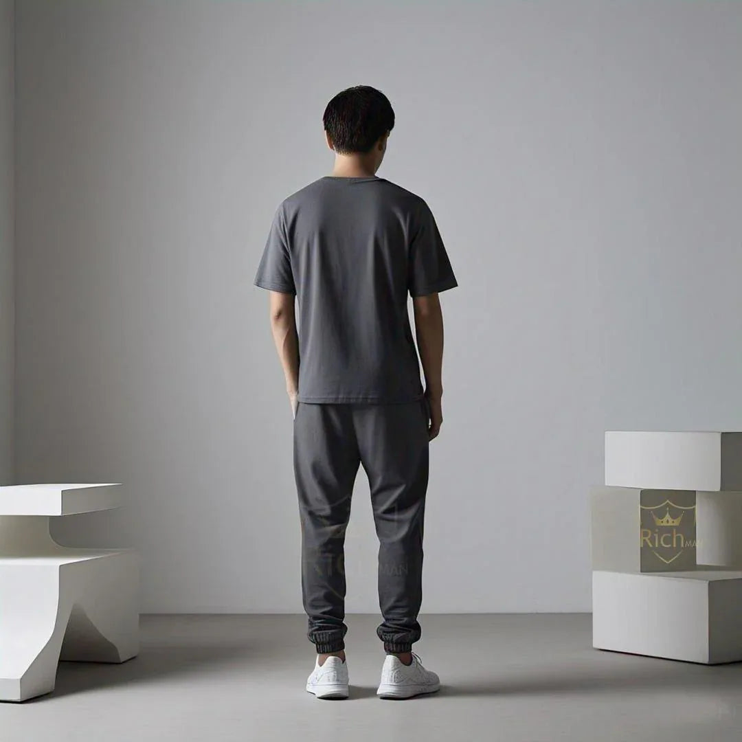 Men's Micro Interlock Track Suit – 2 Pcs Grey Set with Round Neck T-Shirt & Trouser - JSJunoon.com