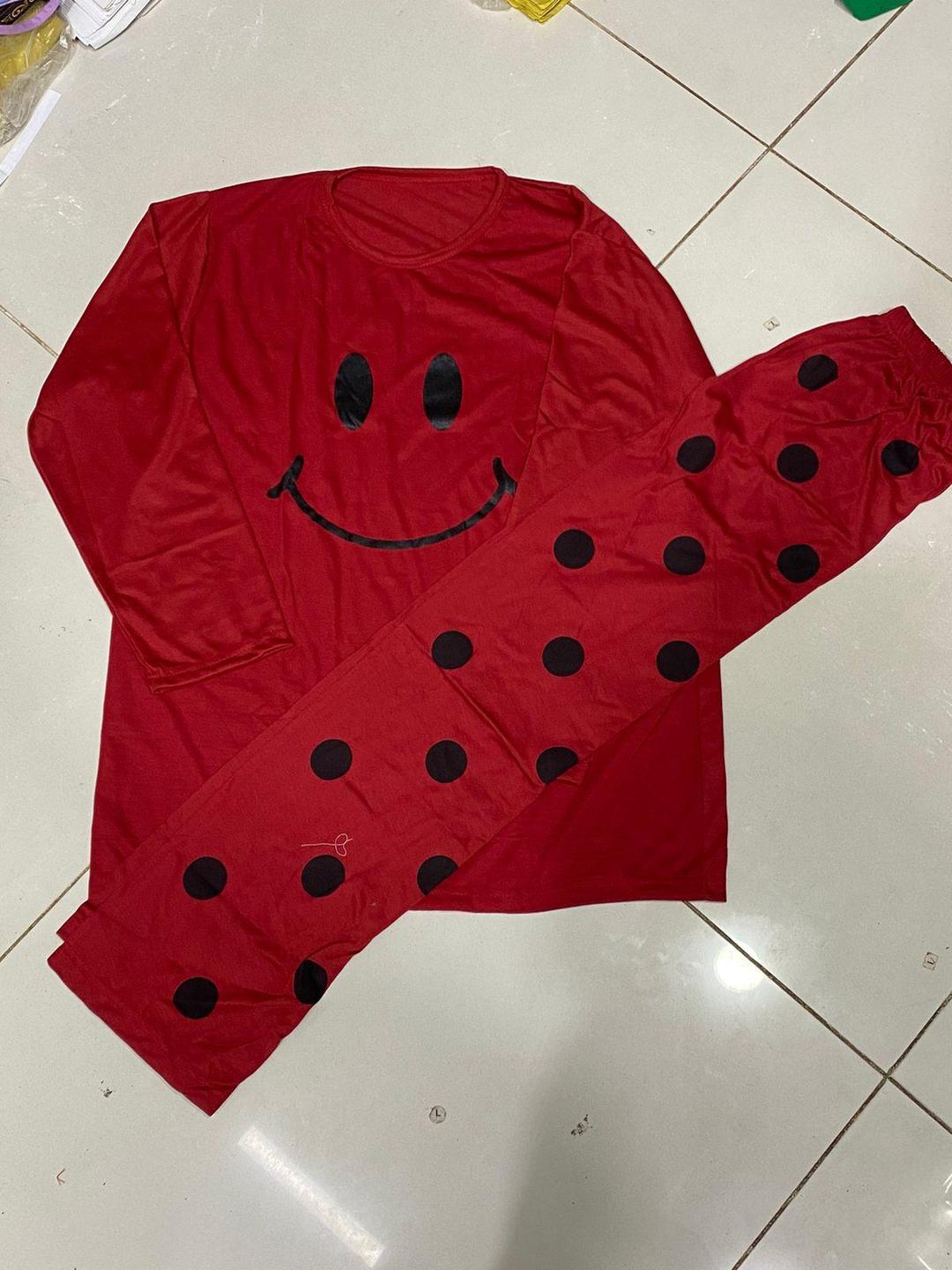 Women’s 2 Pcs Cozy Cotton Jersey Printed Night Suit – Red Round Neck Shirt & Trouser