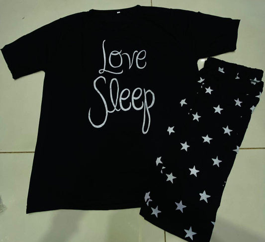 Black Cotton Jersey Women’s Printed Night Suit – 2 Pcs Round Neck Shirt & Trouser