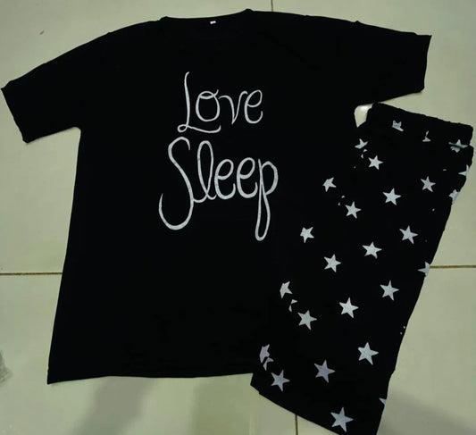 Black Cotton Jersey Women’s Printed Night Suit – 2 Pcs Round Neck Shirt & Trouser - JSJunoon.com