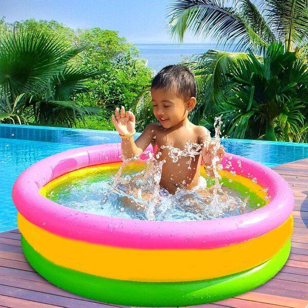 Swimming Pool for Kids – Inflatable Vinyl Baby Bath Tub with Soft Floor, Rainbow Design - JSJunoon.com