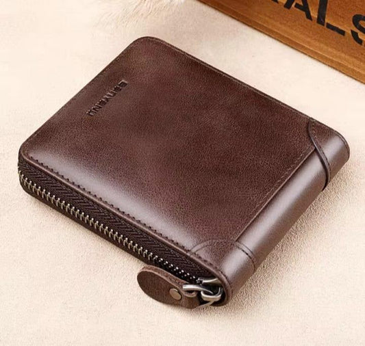 JS JUNOON Men's Genuine Leather Wallet – Stylish Black Zipper Wallet with Multiple Pockets for Cash, Cards & Coins, 1 Pc - JSJunoon.com