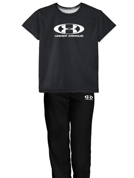 2 Pcs Boy’s Jersey Printed Tracksuit Set – Black T-Shirt & Trouser - JSJunoon.com