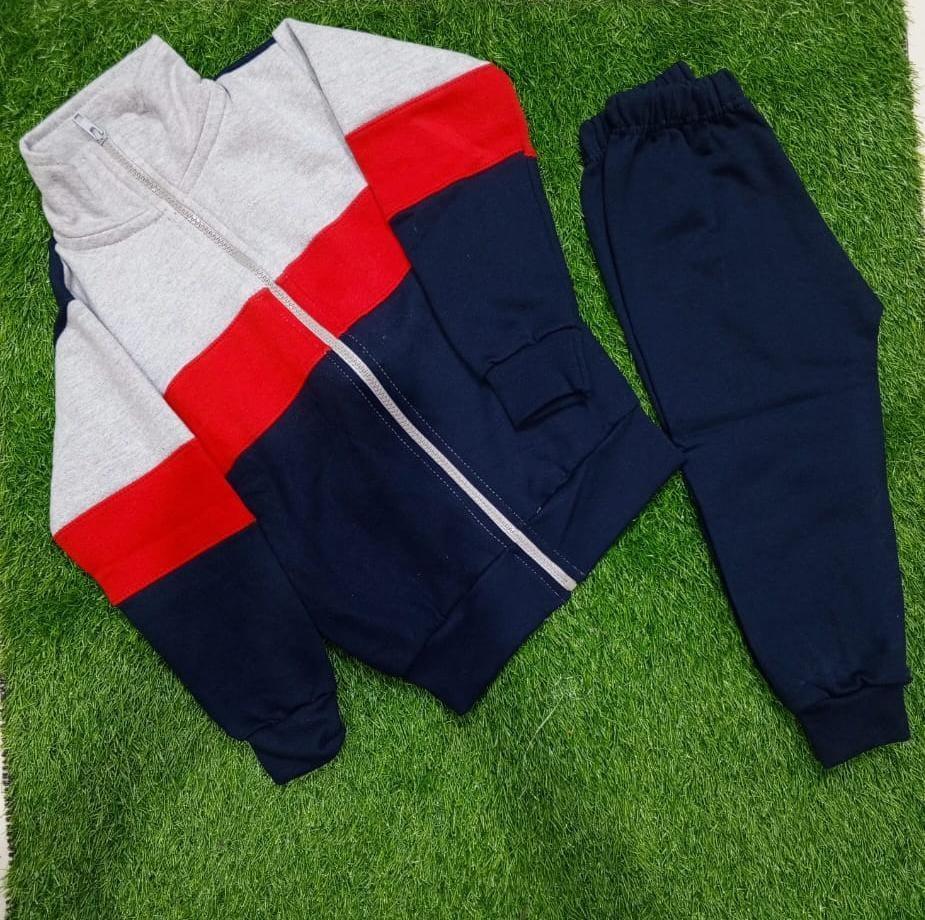 2 Pcs Boy’s Cotton Jersey Plain Tracksuit Set – Blue Zipper & Trouser - JSJunoon.com