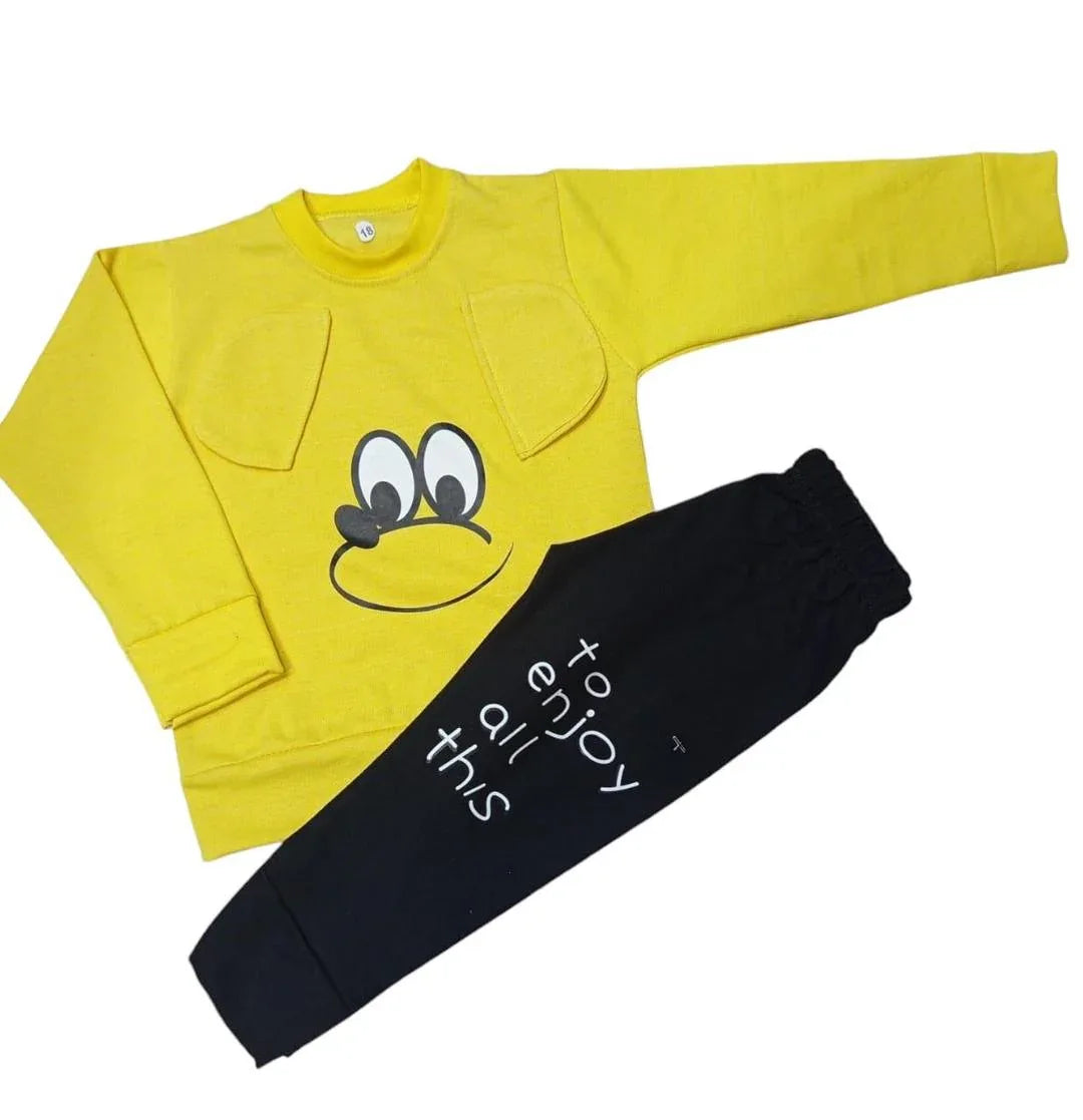 2 Pcs Boy’s Fleece Printed Tracksuit – Yellow T-Shirt & Trouser Winter Outfit (Ages 1–10 Years) - JSJunoon.com