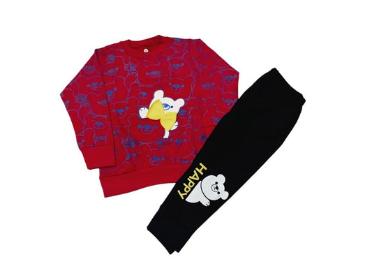 2 Pcs Boy’s Fleece Printed Tracksuit – Red T-Shirt & Trouser Set (Ages 1–10 Years)