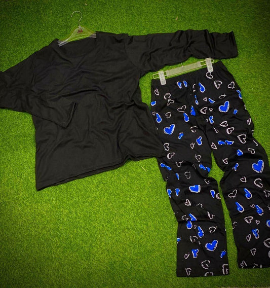 Women’s Black Cotton Jersey Plain Nightwear Set – 2 Pcs Round Neck Shirt & Trouser - JSJunoon.com