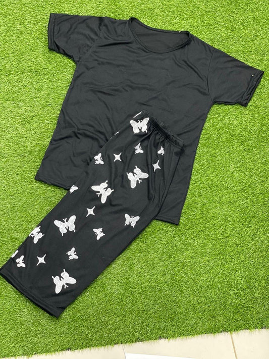 Women’s 2 Pcs Printed Capri Night Suit – Fine Cotton Jersey Shirt & Trouser (Black) - JSJunoon.com