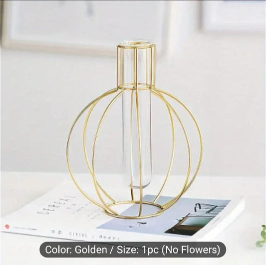Golden Geometric Vase – Modern Metal & Glass Decorative Flower Vase, 5x5x7 Inch - JSJunoon.com