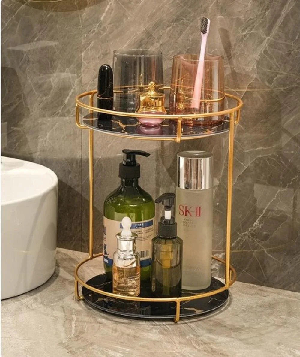 Double-Layer Metal Makeup Organizer – Cosmetic Shelf with Marble-Style Glass - JSJunoon.com