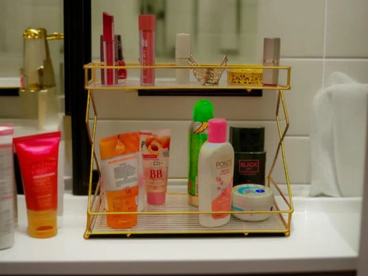 Stylish Double-Layer Makeup Organizer – Metal Cosmetic Shelf Rack - JSJunoon.com