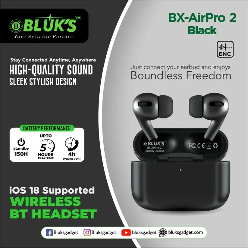 BXAirPro2 Black Wireless Airpods Bluetooth 5.3 | Long Battery | VVIP Quality – Black - JSJunoon.com