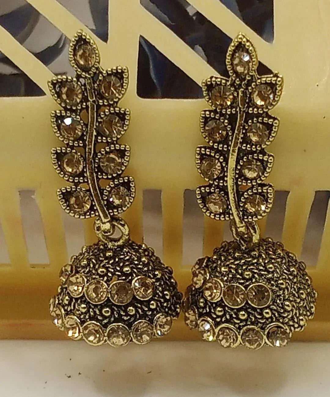 JS Junoon Leaf Design Gold Plated Gemstone Jhumka – 3 Pcs Women’s Traditional Earrings - JSJunoon.com