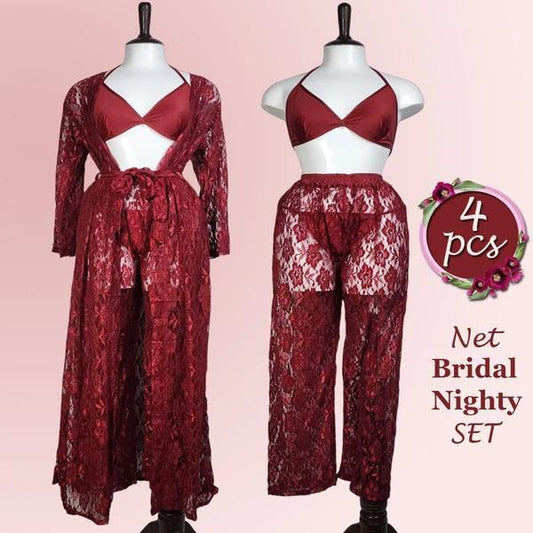Maroon Women’s Embossed Net Nightwear Set – Lightweight & Breathable Free Size