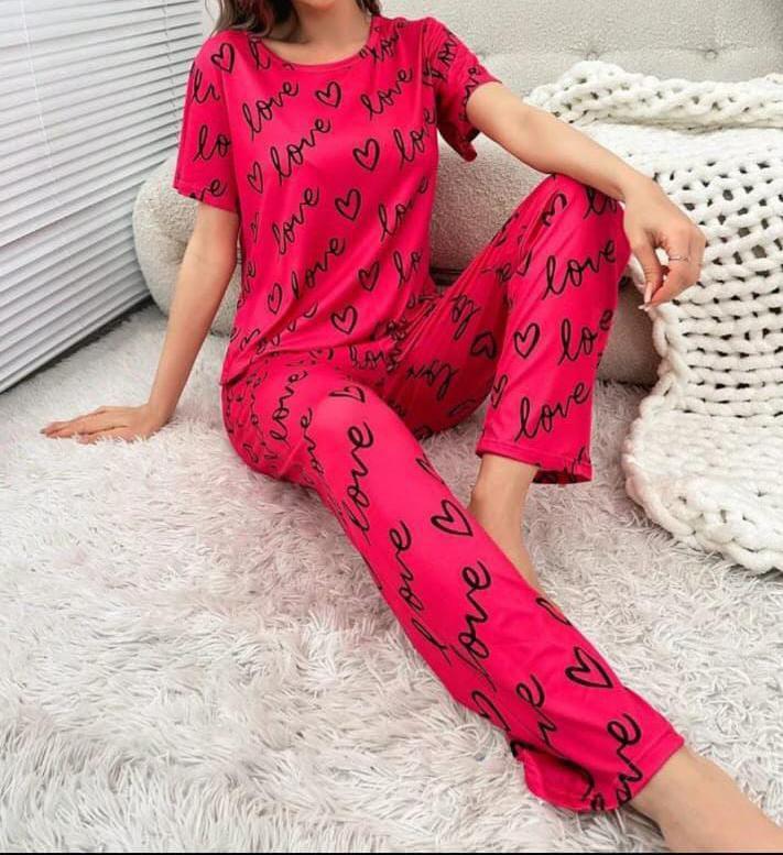 JS Junoon 2 Pcs Women’s Stitched Printed Night Suit – Pink Jersey Sleepwear Set