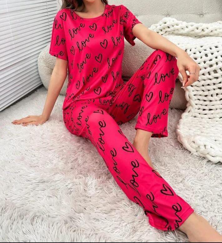 JS Junoon 2 Pcs Women’s Stitched Printed Night Suit – Pink Jersey Sleepwear Set - JSJunoon.com