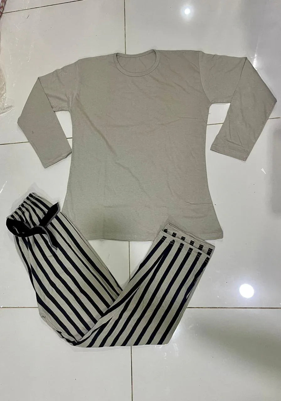 JS Junoon 2 Pcs Women's Stitched Cotton Jersey Plain Night Suit – Beige Lounge Wear with Printed Trouser - JSJunoon.com