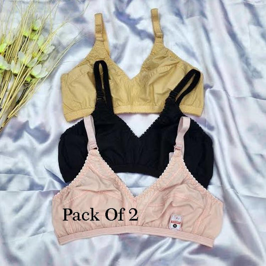 JS JUNOON Cotton Plain Comfortable & Lightweight Non-Padded Bra – Pack of 2, Multicolor