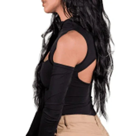 Zeva – Women’s Black Cotton Blend Western Top with Bold Cutout Design, Sleek Silhouette & Modern Style - JSJunoon.com