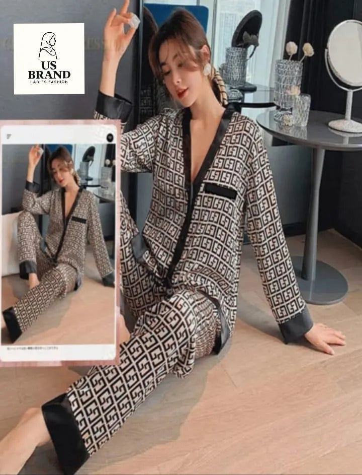 Women’s Grey Silk Printed Nightwear Set – 2 Pcs Stitched Sleep Shirt & Trouser - JSJunoon.com