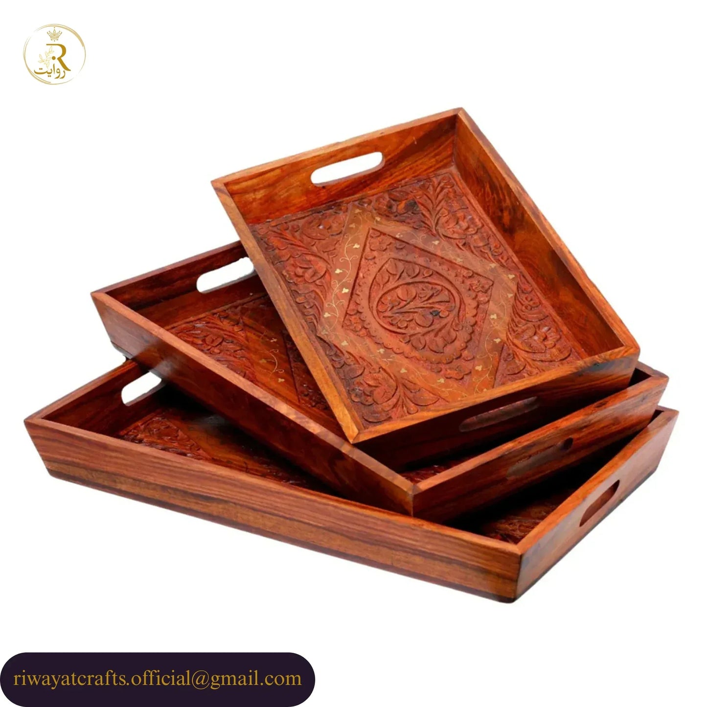 JS Junoon Hand-Carved Wooden Serving Tray Set – 3-Piece - JSJunoon.com
