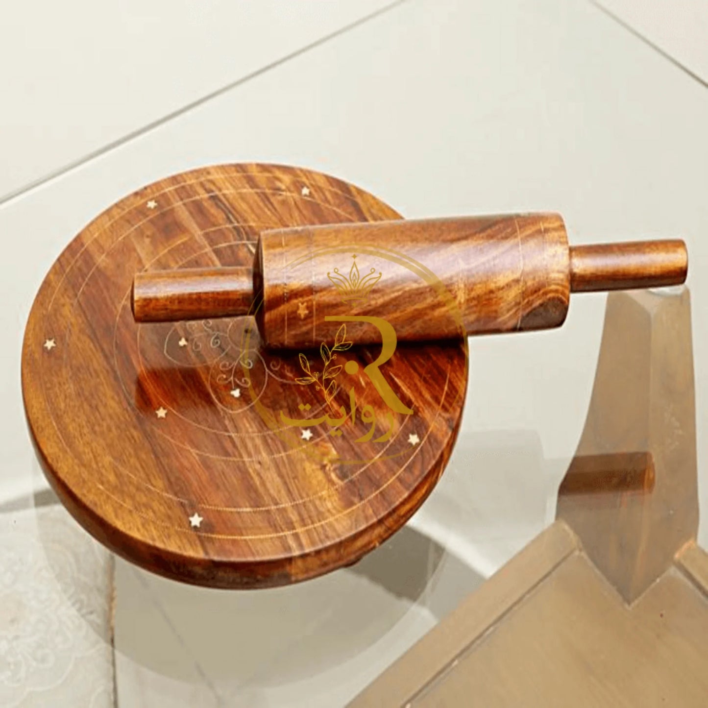 JS Junoon Handmade Bread Roller (Chakla Belan) with Brass Work – Wooden Roti Maker