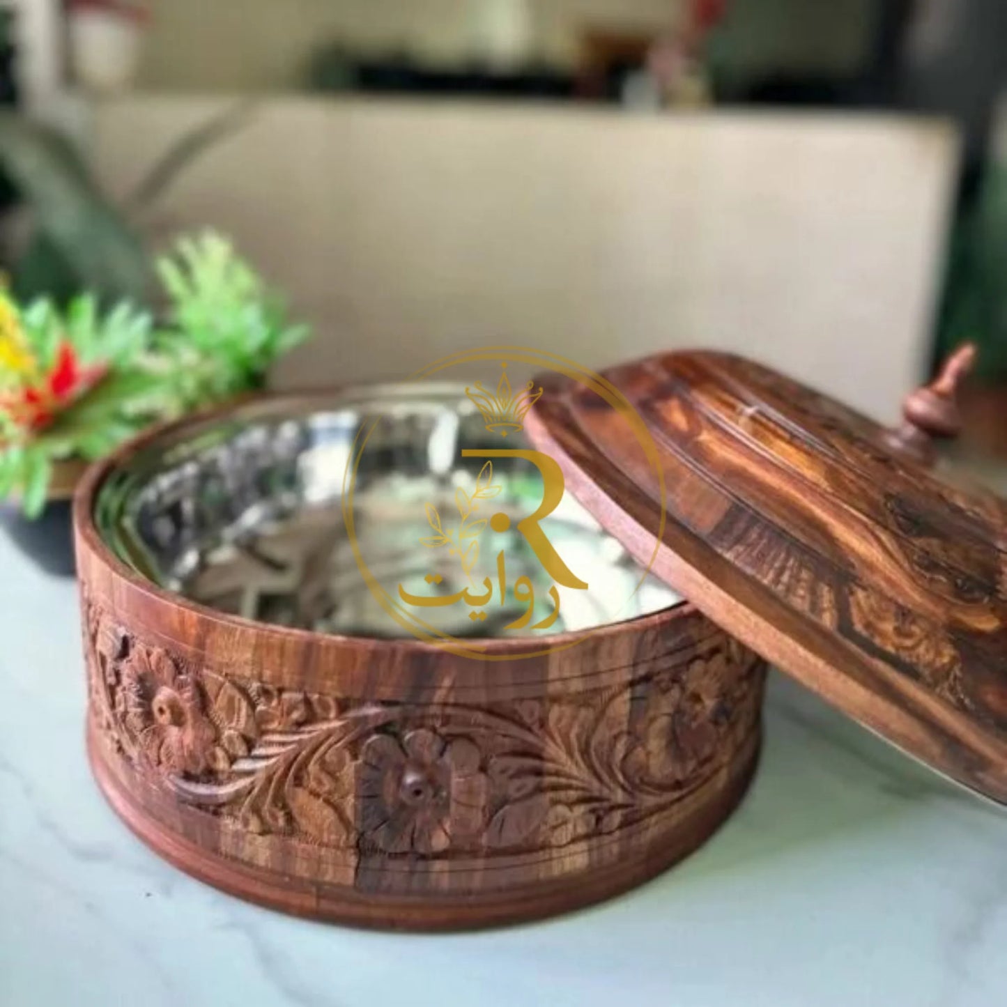 JS Junoon Handcrafted Wooden Roti Hotpot with Brass Work (With Steel Bowl) – Traditional Kitchenware