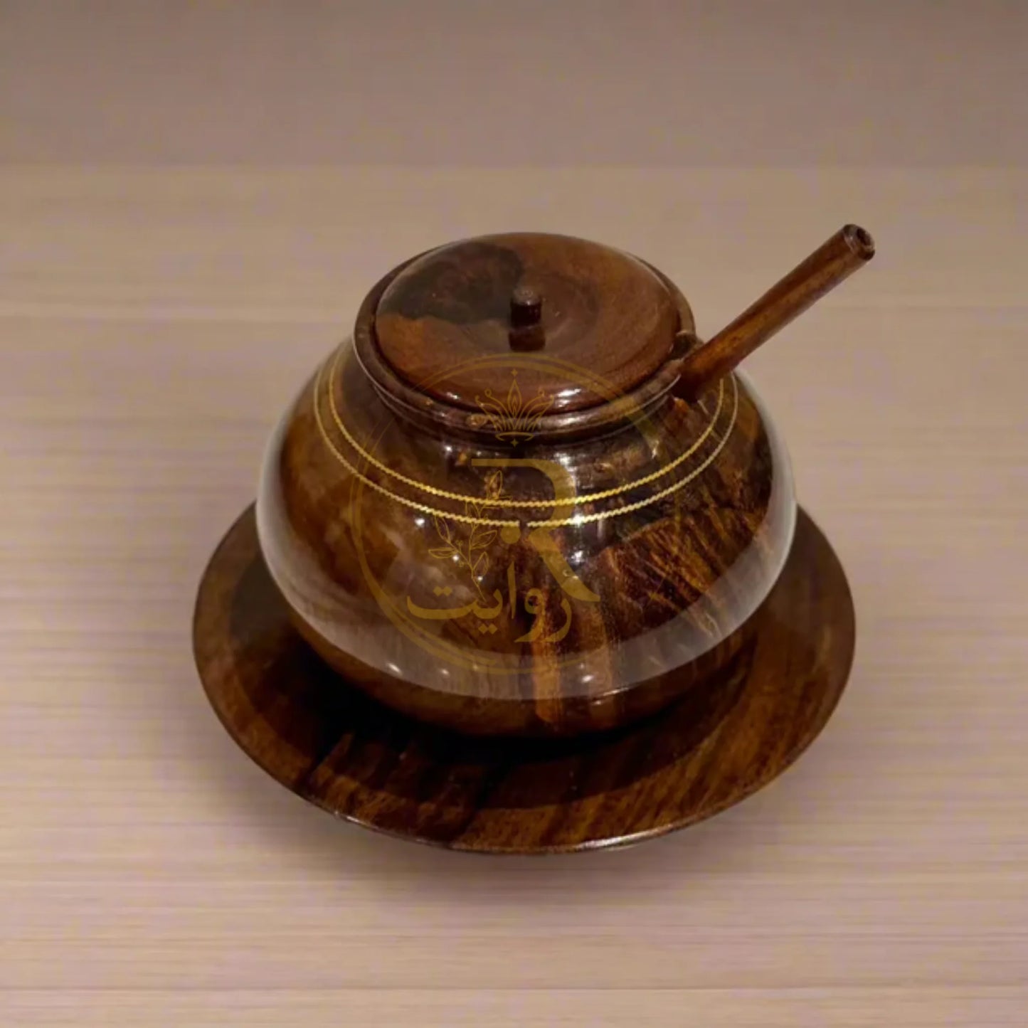 JS Junoon Handcrafted Wooden Sugar Pot with Brass Work – Traditional Kitchen & Table Décor