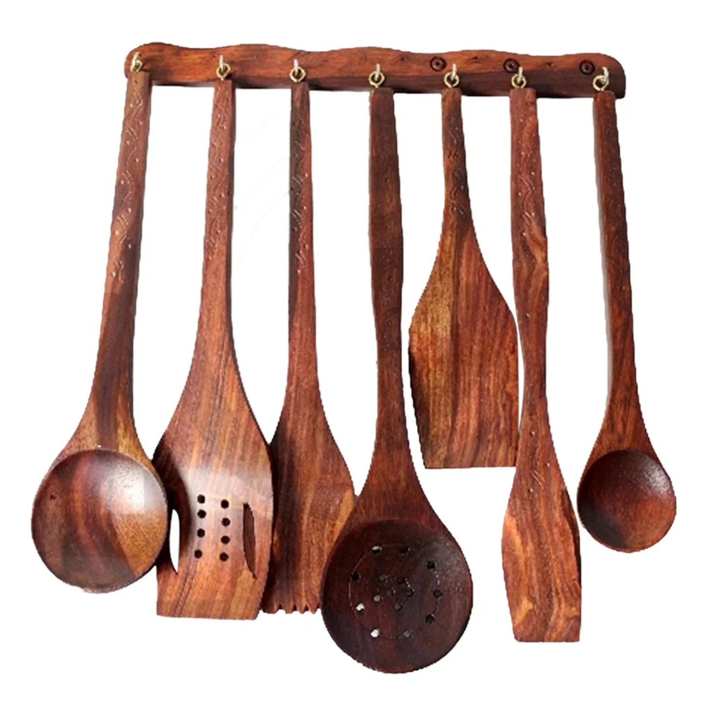 JS Junoon Deal-3 | Wooden Serving Tray Set of 3 + Wooden Plate Set + 8-Piece Wooden Cooking Spoon Set – Handcrafted Kitchen Combo