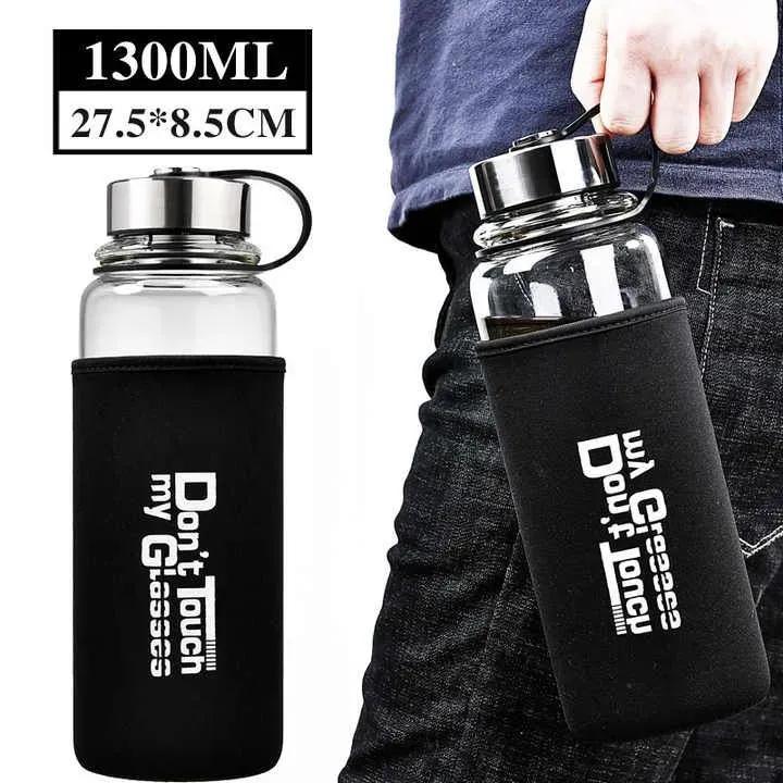 Water Bottle 1300ml – Large Capacity Glass Gym Bottle with Black Lid, BPA-Free, Leak-Proof, Reusable | 1 Pc - JSJunoon.com