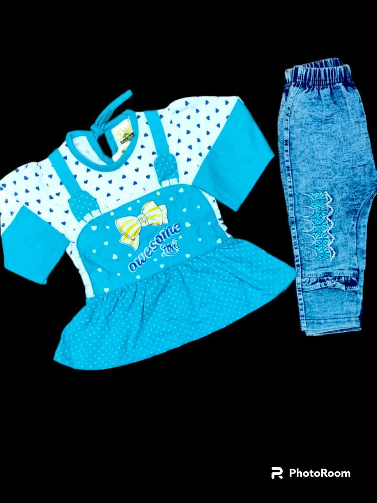 Baby Girl 2 Pcs Outfit Set – Printed Jersey Lycra T-Shirt & Denim Pant (0-6 Months)