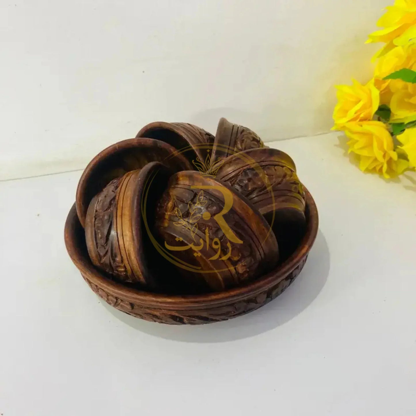 JS Junoon Handcrafted Wooden Bowl Set – 1 Large & 6 Small Bowls for Dining & Kitchen - JSJunoon.com