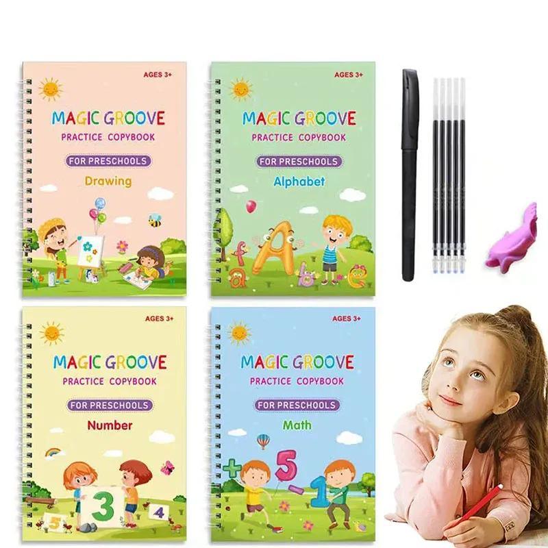 Pack of 4 Magic Practice Books with 10 Refills – Reusable Embossed Writing Exercise Set for Kids (Ages 3–8) - JSJunoon.com