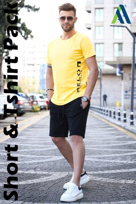 2 Pcs Men's Jersey Printed T-Shirt & Shorts Tracksuit – Yellow, Summer Sportswear Set - JSJunoon.com