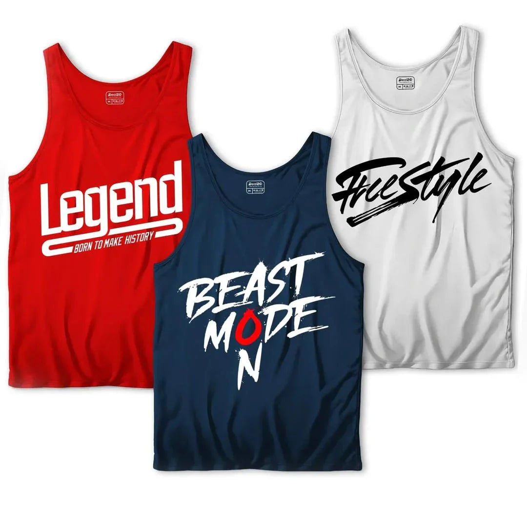 Men’s Printed Sando Tanks – 3-Piece Dri Fit Round Neck Shirts for Gym, Casual & Lounge Wear, Multicolor - JSJunoon.com