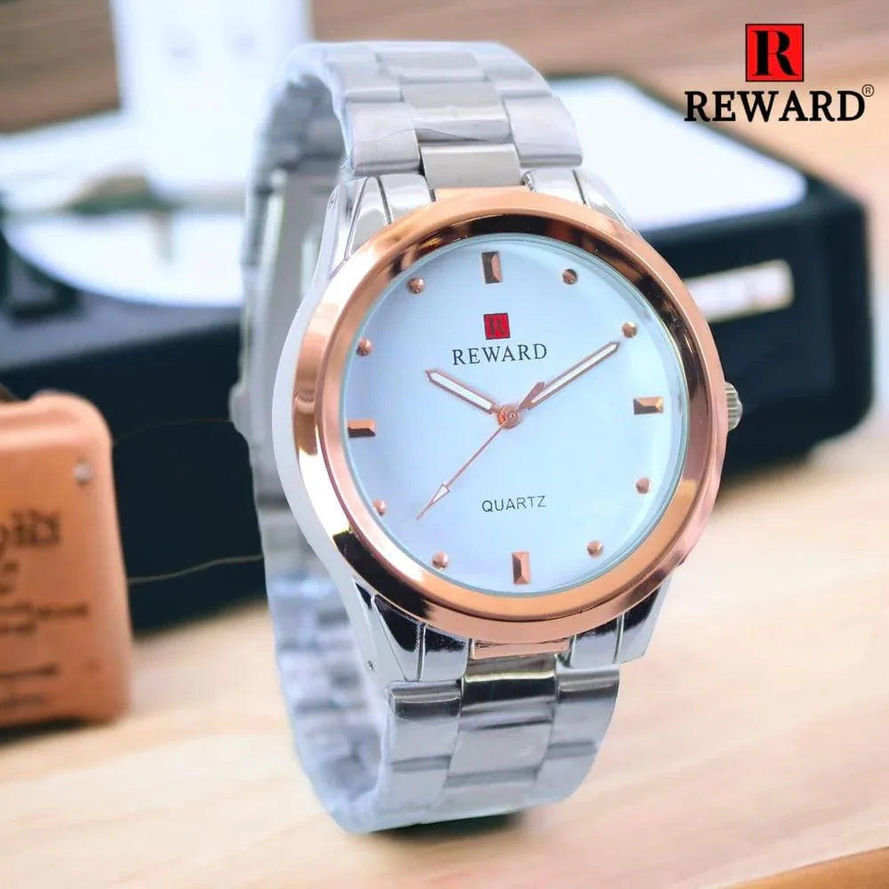 Men’s Casual Analogue Watch – Round Dial, Stainless Steel Chain Strap, White - JSJunoon.com
