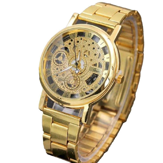 JS JUNOON Men's Golden Mechanical Watch – Stainless Steel Chain Strap, Hand-Winding, Stylish & Durable, 1 Pc