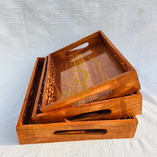 JS Junoon Lightweight Handcrafted Wooden Serving Tray Set – 3-Piece - JSJunoon.com