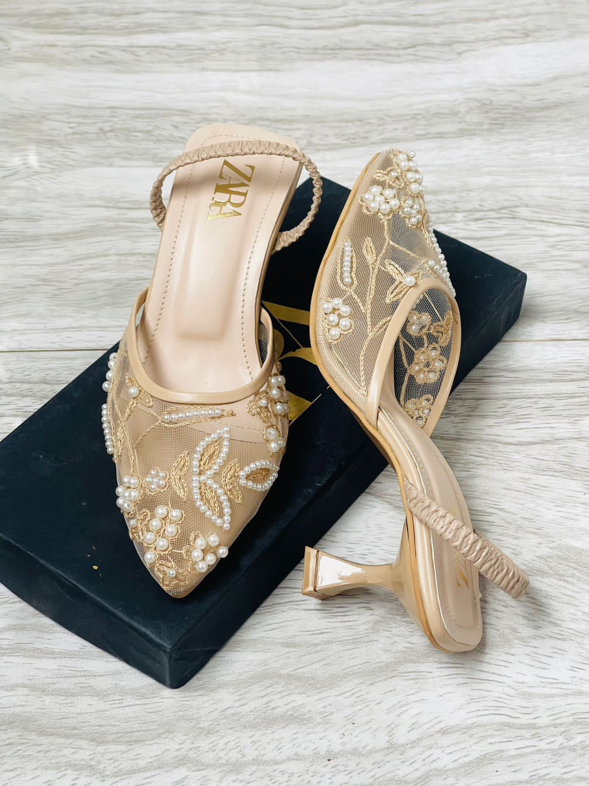 ZARA Women’s Embroidered Net Pumps – Black, White, Beige – Elegant Party Wear Heels