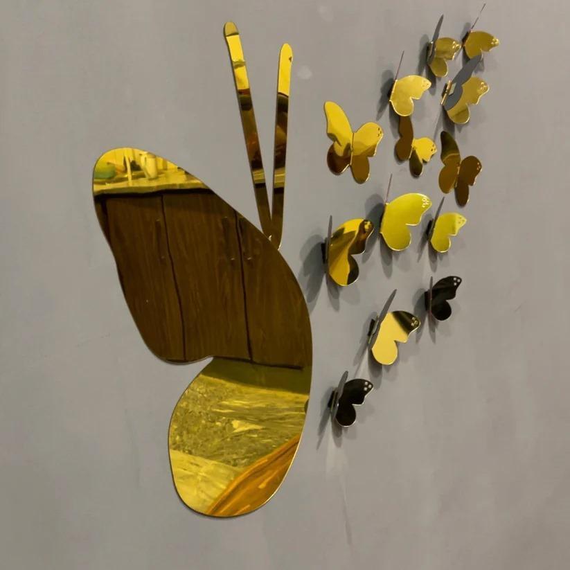 3D Adhesive Butterfly Wall Stickers – Pack of 14 Golden Acrylic Décor Pieces - JSJunoon.com