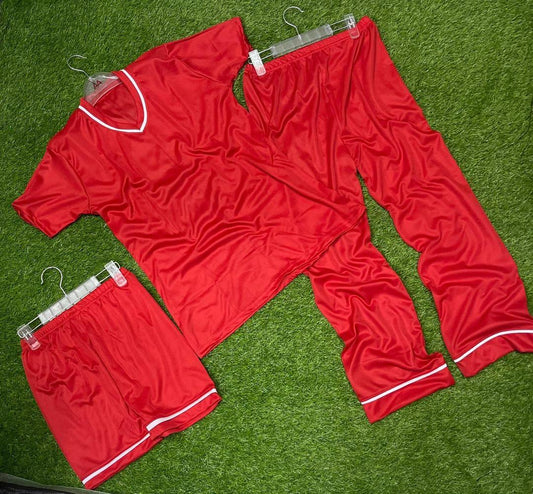 Women’s 3 Pcs Plain Silk Night Suit Set – Sleep Shirt, Trouser & Shorts (Red) - JSJunoon.com