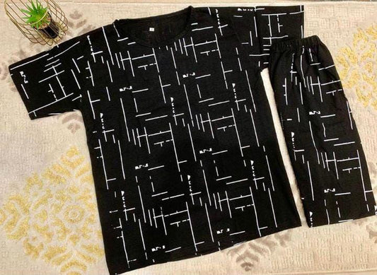 Women’s Printed Cotton Jersey Capri Night Suit – 2 Pcs Sleepwear Set (Standard Size, Black)