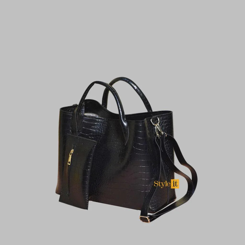 Women’s PU Leather Printed Handbag Set – 2 Pcs, Top Handle, Black - JSJunoon.com
