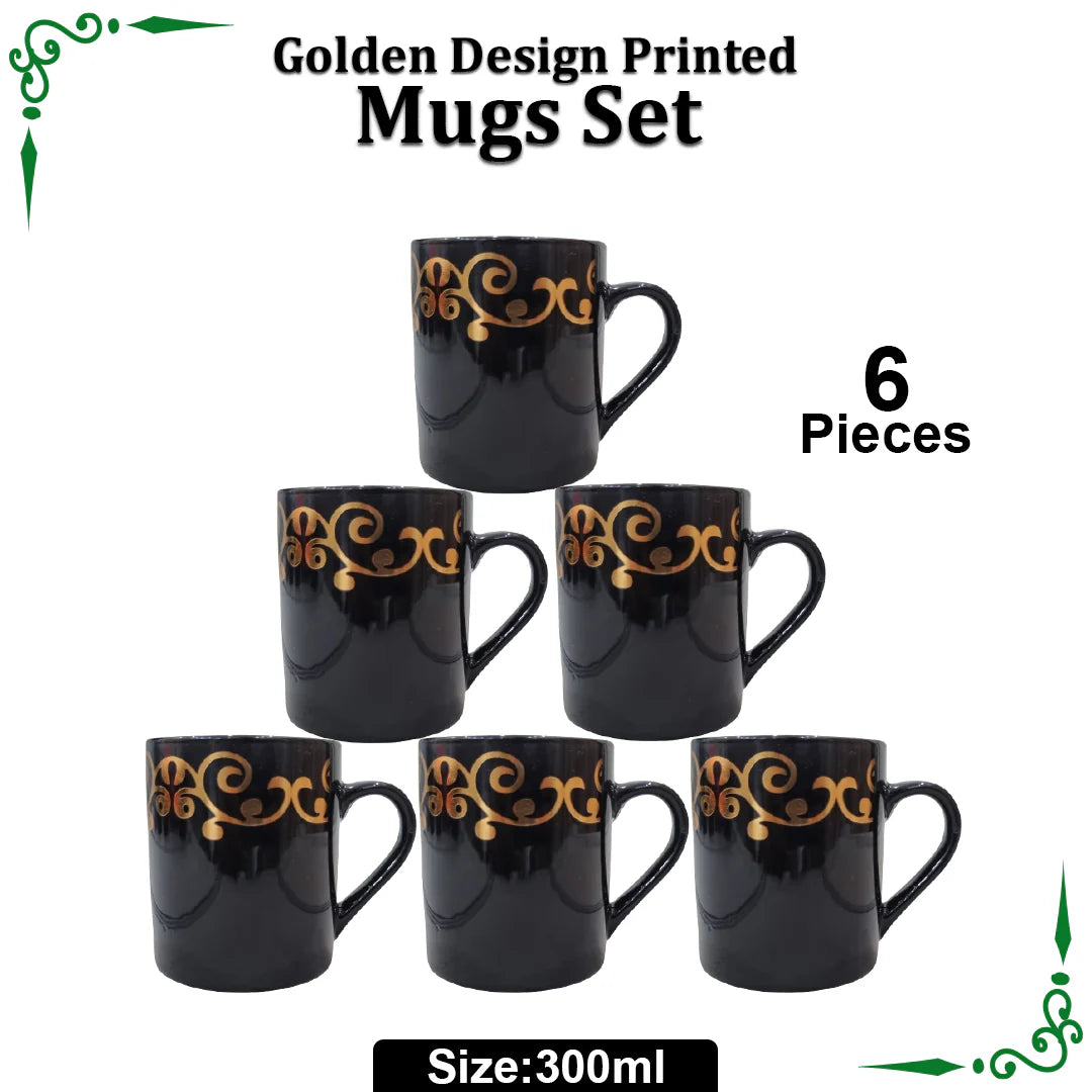 JS Junoon New Golden Line Border Printed Mugs Set – 6-Piece, 300ml Medium, Perfect for Juice, Tea & Coffee
