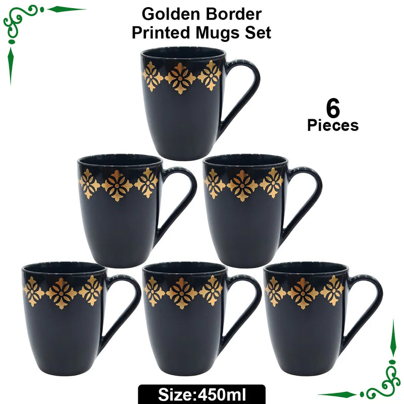 JS Junoon Golden Border Printed Mugs Set – 6-Piece, 450ml Large, Perfect for Juice, Tea & Coffee