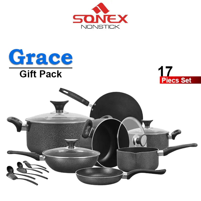 JS Junoon Sonex GRACE Gift Pack – 17Pcs Non Stick Cookware Set with Glass Lids - JSJunoon.com