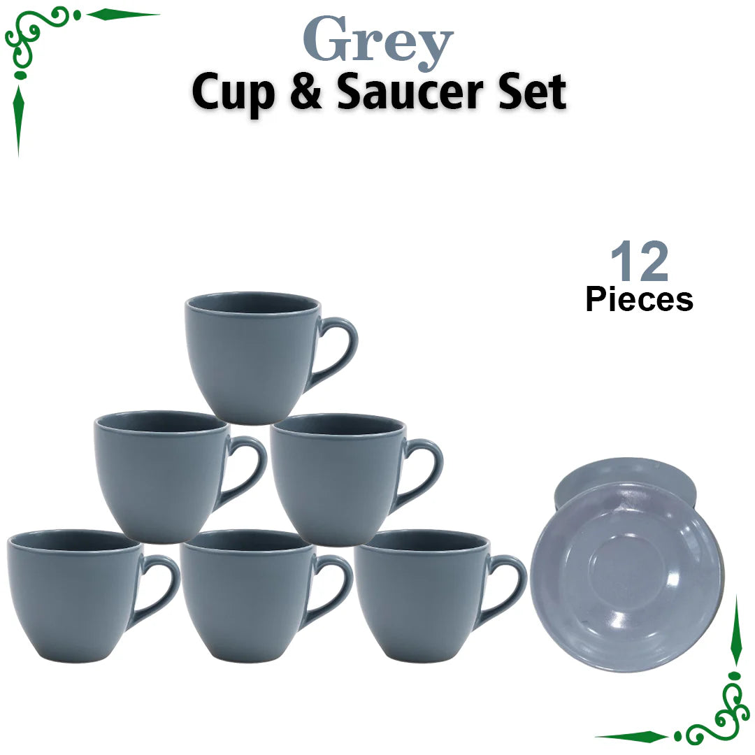 JS Junoon Grey Cup & Saucer Set – 12-Piece Premium Tea & Coffee Drinkware