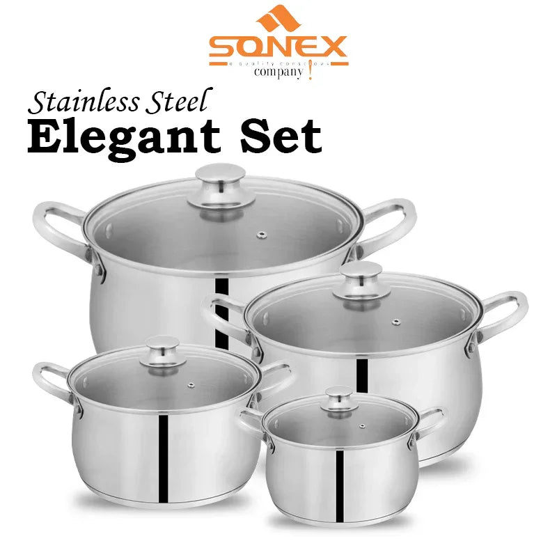 JS Junoon Sonex Stainless Steel Elegant Set – 8 Pcs with Glass Lids Durable Cookware - JSJunoon.com