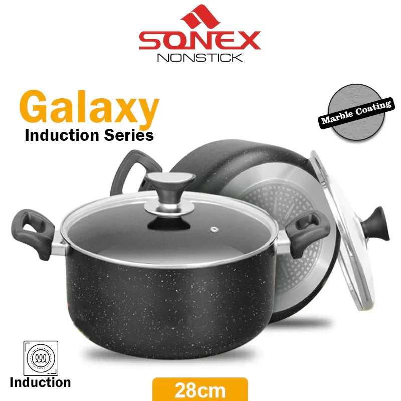 JS Junoon Sonex Nonstick Galaxy Casserole – 28 cm Marble Coated, Induction Compatible Handi with Glass Lid - JSJunoon.com